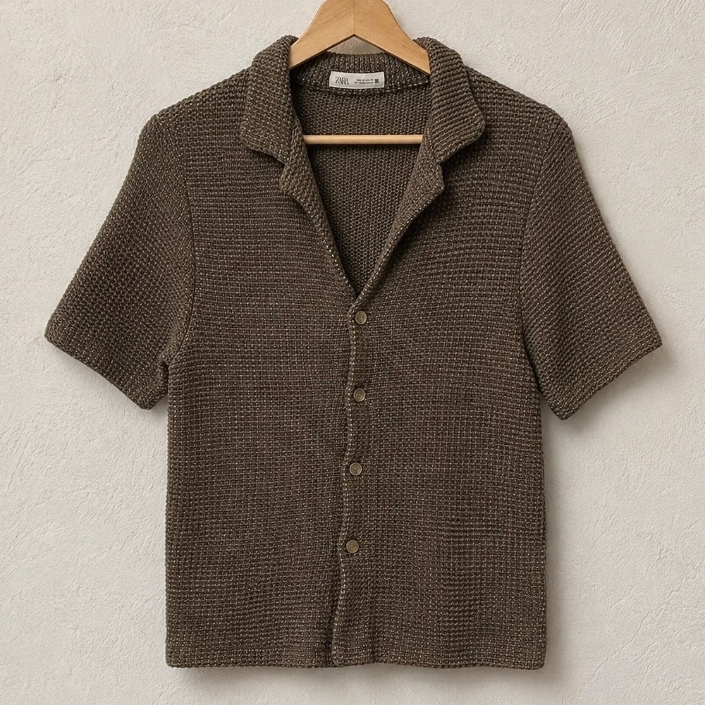Zara Brown Textured Short-Sleeve Button-Down Shirt